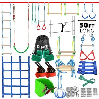Dripex Slackline Kinder, Ninja Slackline 2×15m und Ninja Warrior Hindernisparcours Garten im Freien,Ninja Parcours Kinder mit Schaukel, Kletterleiter, Kletternetz und Baumschutz, geeignet für Anfänger