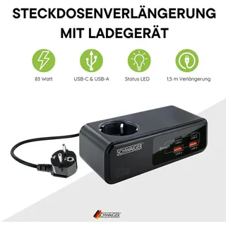 Schwaiger Verlängerung inkl. Steckdose 83W Schnellladefunktion USB A/C0