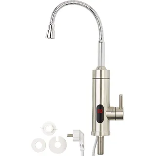 Rosenstein & Söhne 2in1-Edelstahl-Armatur & Durchlauferhitzer, LED-Display, 60 °C, 1/2"