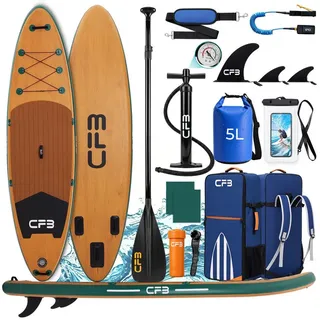CFB SUP-Board Holzoptik 320x84x15 cm, Belastbarkeit 160 kg, Aufblasbares Stand Up Paddle Board, (extra breites iSUP Set, 12 tlg., mit Alu-Paddel, Pumpe, Rucksack, Dry Bag, Leash und Schultergurt), Inflatable SUP-Board für Anfänger, Erwachsene und Freizeitpaddler grün