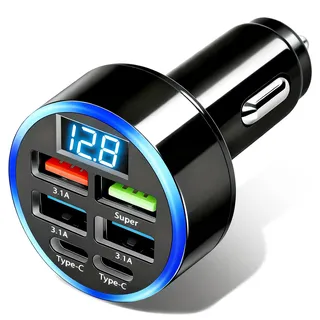 Zigarettenanzünder USB C 50W 6-Port, Schnellladen Car Charger | Schnellladegerät 12V-24V USB Adapter Auto PD/QC Handy Auto Ladegerät mit LED Voltmeter kompatibel mit iPhone 17 16 15 Samsung