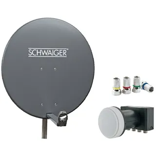 Schwaiger Satellitenschüssel Komplettset - Ø 80 cm Aluminium Quad LNB 4-Fach - Digital HD & 4K Empfang - Integrierte Kabelführung & wetterfest