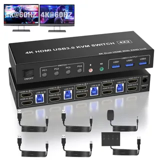 USB 3.0 HDMI KVM Switch 4 PC 2 Monitore, 4K@60Hz KVM Switches für 4 Computer Teilen Sich Dual Monitore und Audio Mikrofon Ausgang, KVM Switcher mit 3 USB Anschlüsse für Tastatur Maus, Unterstützt EDID