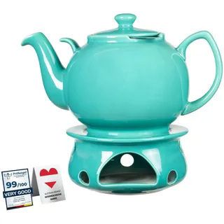 Teekanne mit Stövchen Steinzeug 1.6 L (Türkis) mit Edelstahl Sieb. Keramik Teapot Liverpool tropffrei mit Siebeinsatz