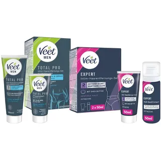 Veet Expert/Men Intim-Haarentferungs-Set für Sie und Ihn - Enthaarungscreme für den Intimbereich - inkl. Multi-Benefit-Schaum - 2 x 50 ml & für Männer 100 ml Tube & 50 ml Pflegebalsam
