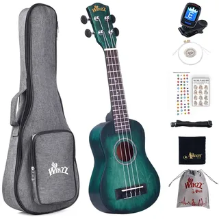 Winzz 21" Sopran Ukulele Anfänger Set Kinderm Erwachsene, Einzigartiges Farbdesign, mit Tasche, Stimmgerät, Zusätzlichen Saiten, Gurt, Noten-Aufkleber, Poliertuch-Dunkles Cyan