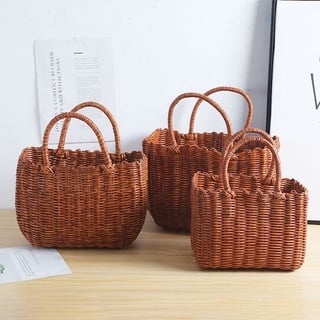 Rattankorb, Geflochten Aufbewahrungskorb mit Griff Regalkörbe Tragekorb Einkaufskorb Picknickkorb Kunststoff Blumenkorb Rattan Basket Weidenkorb Korb zum einkaufen-30cmx13cmx21cm