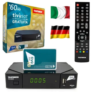 Telefunken TFKS2000 Original Tivusat HD Satelliten-Receiver inkl. aktivierter Tivùsat HD-Karte Full HD 1080p Vorinstalliert für deutsche & italienische TV SAT Sender 13°E & 19.2°E Sterndiscount