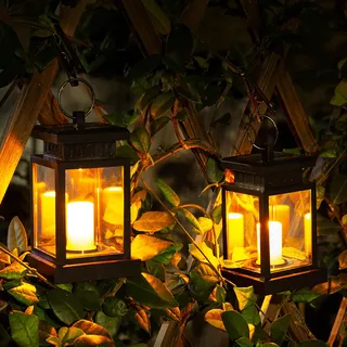Solar Laterne Außen mit LED Kerze, 2 Stück Solarlaterne für außen, Wasserdicht Solar Solarlampen mit Kerzen für Draußen, Hängend Led Solar Laterne mit Kerzen für Balkon Patio Garten Terassen Deko