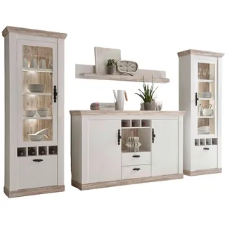 furn.design Wohnwand weiß Pinien, Metall, Nachbildung,Pinie, 7 Fächer, 2 Schubladen, Sockel, 330x201x44 cm, FSC 100%, Wohnzimmer, Wohnwände, Wohnwand-Sets