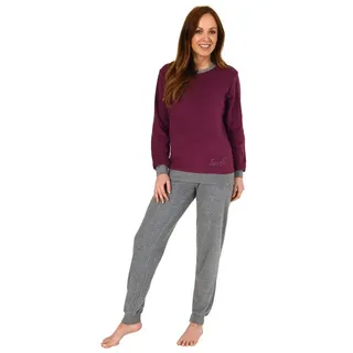 RELAX by Normann Damen Langarm Frottee Pyjama Schlafanzug mit Bündchen und Zierspruch und Herzmotiv, Farbe:Beere, Größe2:40/42 - 40