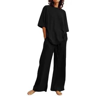 Awrvia Zweiteiler Damen Baumwolle Leinen Hosenanzug Sommer Elegant Jogginganzug Modische Sportlich 2 Teiliges Set Schlanke Übergroßes Einfarbiges Freizeitanzug - S