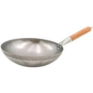 Grillfürst Wok Pfanne aus Edelstahl Ø 30 cm - mit Holzgriff - Edelstahlpfanne mit rundem Pfannenboden - ideal für Seitenkocher eines Grills oder Gasherd