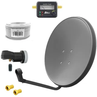 ARLI 60 cm HD Sat Anlage Single LNB + 15 m Koaxialkabel 135 dB + Satfinder + 2 F-Stecker Digital 1 Teilnehmer Antenne Grau UHD 4K FullHD