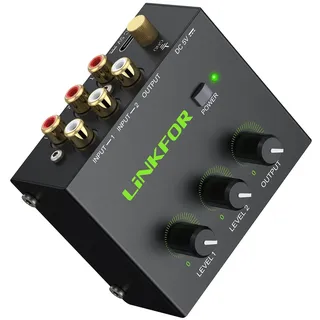 LiNKFOR 2-Kanal Aktiv Audio Mixer - 2 Eingänge, 1 Stereo Cinch Ausgang Mini-Stereomischer Vergoldeten Aktiver Mischer Mischpult für Verstärker, Boxen PC, TV, Konsole, CD