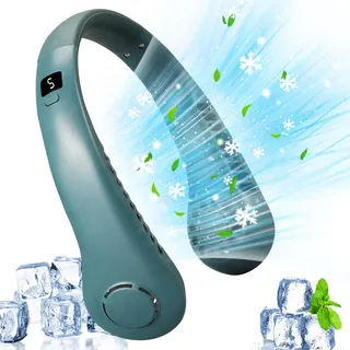GOXAEEE Tragbarer Mini Hals Ventilator mit,5 Geschwindigkeiten, USB nackenventilator mit 360° Luftstrom,Ventilator Hals Hängend,Blattlos Nackenventilator für Reisen, Sport,Camping (green)