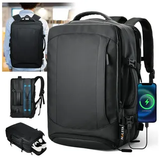 NULSTA Reiserucksack Rucksack 38L Premium 900D Nanocoated Hybridleder Handgepäck Rucksack (Laptop Rucksack Wasserdicht & Flugtauglich mit USB-Ladeanschluss, Schuhfach & Erweiterbar, Handgepäck Flugzeug Rucksack für 15,6-17 Zoll Laptop), Travel Backpack Rucksack Herren Damen, Weekender Dienstreisen Schwarz schwarz