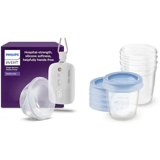 Philips AVENT Hands-free elektronische Einzelmilchpumpe, Motor in Krankenhausqualität, spiegelt den Trinkrhythmus des Babys, SCF531/11 + Philips AVENT Aufbewahrungsbecher für Muttermilch SCF619/05
