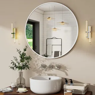 BEAUTYPEAK 50 cm Runder Spiegel in Weiß, Bruchsicherer Wandspiegel mit Aluminiumrahmen, Badezimmer Spiegel zum Aufhängen und Anlehnen, Rund Wandspiegel für Schlafzimmer, Bad, Wohnzimmer