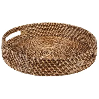 Casa Moro Dekotablett Rattan Serviertablett BEA rund mit Griffen (Servierplatte rustikal geflochten, Boho Chic Servierteller Deko-Tablett), dekoratives Tablett für Getränke, Frühstück, Tee, Service beige