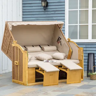 Outsunny Strandkorb 3-Sitzer Sonnenliege mit Dach 2 Klapptischen Fußstütze Chaiselongue 5-stufige Rückenlehne Xxl Polyrattan Natur 150x79x160cm für Garten & Terrasse Aosom.de
