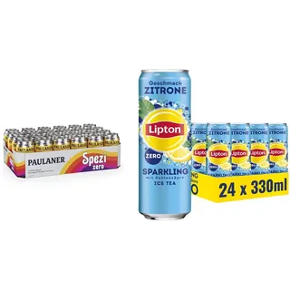 Paulaner Spezi Zero, 24er Dosentray, EINWEG (24 x 0,33l) & LIPTON ICE TEA Sparkling Zero, Kohlensäurehaltiger Eistee mit Zitronen Geschmack ohne Zucker, EINWEG Dosen (24 x 0.33 l)