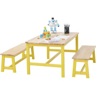 Vevor Kindersitzgruppe Kindertisch, 2 Bänke 1 Tisch Kindersitzgruppe aus Massivholz, Kindertisch-Set Stabile Kindermöbel Sitzmöbel für Kinder, Mädchen, Jungen, Spielzimmer Kindermöbelset Gelb