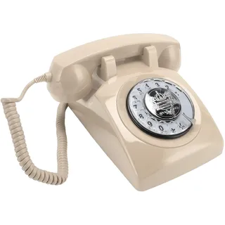 Vintage Telefon mit Wählscheibe, Schnurgebundenes Festnetztelefon Im Stil der 1960er Jahre mit Mechanischem Klingelton für Heimbüro, Wohnzimmer, Arbeitszimmer (Beige)