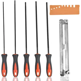 7 Stück Feile für Kettensäge Mit Griff, Aktenhalter Pferd Feile und Schnelllehre, Metall Kettensäge Rundfeilenset, 5 Größen, 3.2 mm, 4.0 mm, 4.8 mm, 5.2 mm, 5.5 mm, Schärfen Passend für Kettensägen