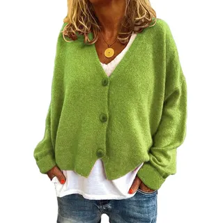 Onsoyours Damen Bolero Kurze Strickjacke Langarm Cardigan Elegante Jacke V Ausschnitt Pullover Stricken Strickweste Mit Knopf B Hellgrün 3XL - 3XL