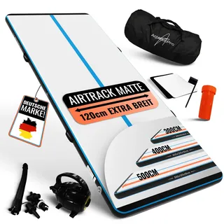AthleticPro Airtrack Matte [3m/4m/5m Lang] - 120cm Extra Breit - 10/20cm Höhe - Aufblasbare Turnmatte für Bodenturnen & Akrobatik inkl. elektrischer Pumpe, Reparaturset & Tasche (500 x 120 x 10 cm)