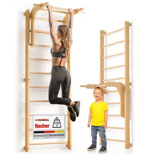 gurkler Sprossenwand für Erwachsene und Kinder, (Kletterwand und Sprossenwand Kinderzimmer), inkl. Klimmzugstange & Dip-Station