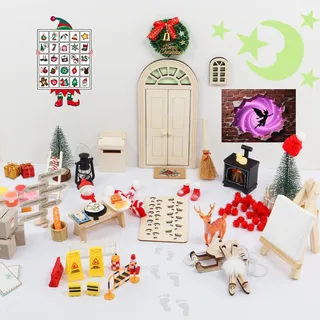 Roselee Wichteltür Set 83 Stück Wichtel Zubehör Weihnachten Wichtel Zubehör Baustelle Set inkl. Backset, Malerei, Briefumschläge, Kinderzimmer Dekoration für Weihnachten, Advent DIY
