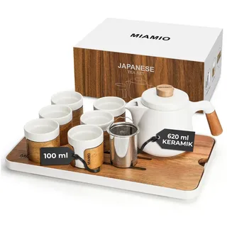 MiaMio - Japanisches/Chinesisches Tee Set 6 x 100 ml/Asiatische Teekanne 620 ml mit Teesieb, Traditionelles Japanisches Teekanne Set für Teeliebhaber/Männer/Frauen (Weiß)