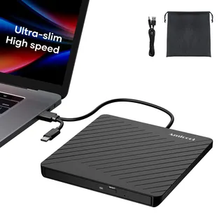 AmiCool Externes CD/DVD Laufwerk & DVD±RW Brenner USB 3.0 & USB-C, Duale Stromversorgung (USB/Netzteil) - Ultraflach 13mm für MacBook, iMac, Laptop und Desktop-PC - Windows 11/10/8/7, macOS, Linux