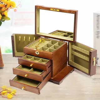 Shiyinge 4 Schichten Schmuckschrank Schatulle Aus Holz Große Schmuck KäStchen Kasten AbschließBare Koffer Schaukasten Vitrine Lade Schmuckbox Gift Antike Mit Schloss Spiegel Abschließ Bar Braun
