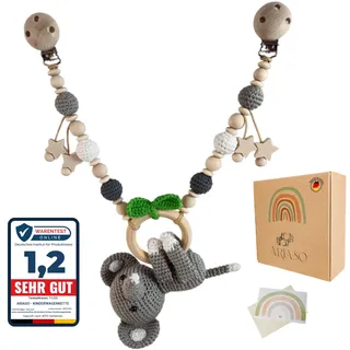 ARIASO® Kinderwagenkette aus Holz und Baumwolle gehäkelt Kinder Baby Spielzeug Holz Kette für Kinderwagen geeignet für Mädchen und Junge ab 0+ Monate inkl. Geschenkkarte (Elefant Grau)
