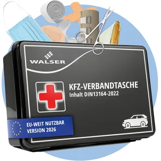 WALSER Erste Hilfe Set Auto 2026, Verbandskasten Auto Auszeichnung Sehr Gut*, KFZ Verbandskasten 2026 europaweit nutzbar Erste Hilfe Kasten, KFZ Verbandstasche, Erste-Hilfe-Set Verbandkasten DIN 13164