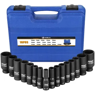 Anbull Schlagschrauber Nüsse Set, Langnuss set, 1/2 Zoll 16-teilig Impact Socket Set,10mm-32mm Antrieb Sechskant Nüsse,CR-v Material
