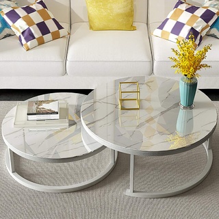 Satz Von 2 Stapelbaren Couchtischen Für Wohnzimmer, Runde Elegante Nest Beistelltische, Stapelbare Beistelltische Aus Marmor Textur & Metall