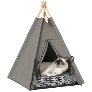 BlingBin Tierbett Tipi-Zelt für Haustiere, Tierhöhle für Hunde und Katzen, Polyester, Katzenzelt mit Kissen, für Katzen unter 5 kg, Mini Hunde grau