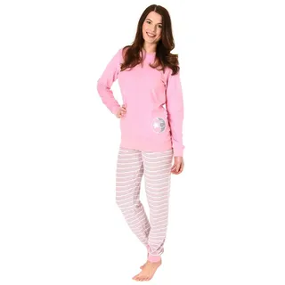 Normann Germany Damen Frottee Pyjama mit Rundhals, Langarm, Uni, Hose in Ringel, Rose, 61238, Gr. L 44/46 - 44