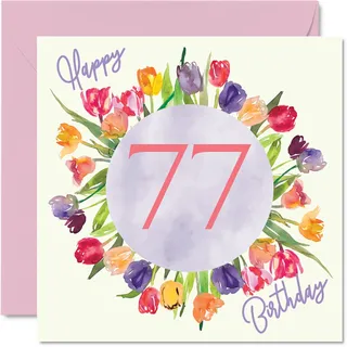 Stuff4 Schöne Geburtstagskarte zum 77. Geburtstag für Frauen – Aquarell Tulpen Blumen Bouquet – Karte für Ihre Oma, Mama, Geburtstagsgeschenke, 145 mm x 145 mm, schöne florale Grußkarten Geschenk