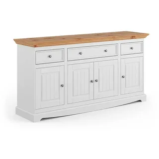 Esszimmersideboard massiv in Weiß und Kieferfarben drei Schubladen