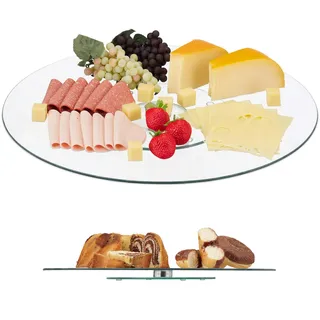 Relaxdays Servierplatte, drehbar, Käse, Snacks, Kuchen, rund, ∅ 45 cm, Glas Tortenplatte, transparent/silber,