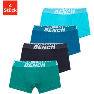 BENCH Boxer "Boxershorts für Jungen", Jungen, Gr. 158/164, 4 Stk., bunt (petrol, mint, navy, türkis), Single Jersey, Obermaterial: 92% Baumwolle, 8% Elasthan (LYCRA), unifarben, körpernah, Unterhosen, mit Bench Schriftzug im Bund