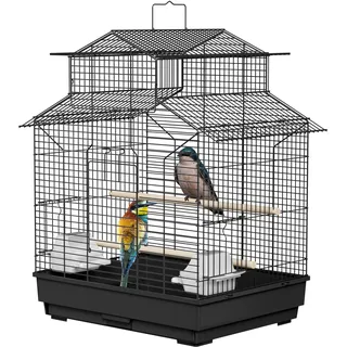 UISEBRT Vogelkäfig mit Holzstangen und Futternäpfe - Großer Vogelhaus Vogelvoliere Metall Vogelbauer Käfig Vogel für Finken Kanarienvögel Wellensittiche Schwarz (Typ C, 46x36x62cm)