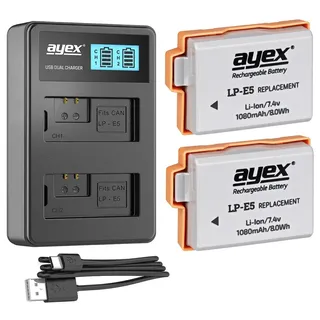 ayex 2x LP-E5 Akku für Canon + USB Dual-Ladegerät Kamera-Akku