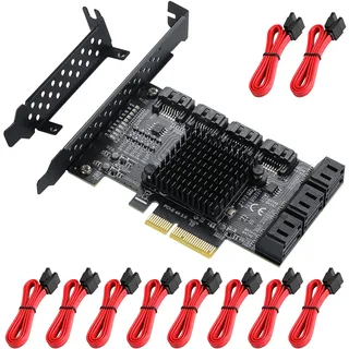 MZHOU PCIE 4X SATA Karte 10 Ports, SATA3.0 HDD 6G Erweiterungskarte,PCI-E 3.0 Controller Karte,Booten als Systemfestplatte mit 10 SATA Kabel und Low Profile Halterung-ASM1166+JMB75 Chips.