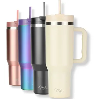 Milu Thermobecher 1200ml mit Strohhalm und Henkel – 48h Eis/24h kalt/12h heiß Edelstahl Tumbler 40oz mit Griff - Isolierbecher to go - Isolierflasche Trinkflasche doppelwandig isoliert (Beige, 1,2L)